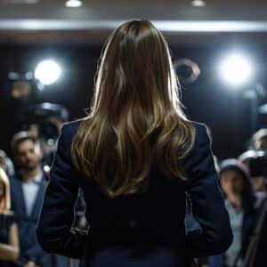 An image of a woman in a suit speaking to a crowd of members of the press.